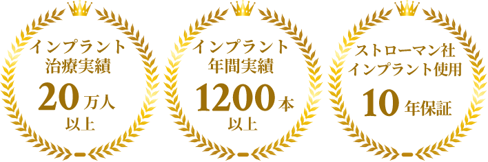 「インプラント治療実績15万人以上」「インプラント年間実績1200本以上」「ストローマン社インプラント使用10年保証」